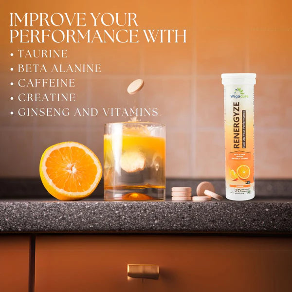 RENERGYZE Zero Sugar 20 Effervescent Tablets Beta Alanine Ginseng Creatine & vitamins Orange Flavour