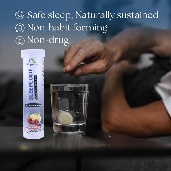 Sleepcode Melatonin I Ashwagandha I Tagar Extract I Vitamin B6 I Strawberry Lemonade Flavour (20 Effervescent tablets)