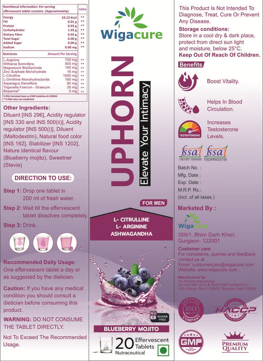 UPHORN: Zero Sugar 20 Effervescent Tablets With L Arginine Ashwagandha L citrulline, Blueberry Mojito Flavour